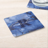 ネイビーアガテモノグラム&ネームマーブルラグジュアリー スクエアペーパーコースター (アングル)