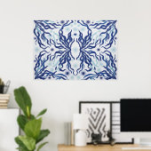 ネイビーアクア海藻植物画シンメトリー ポスター (ホームオフィス)