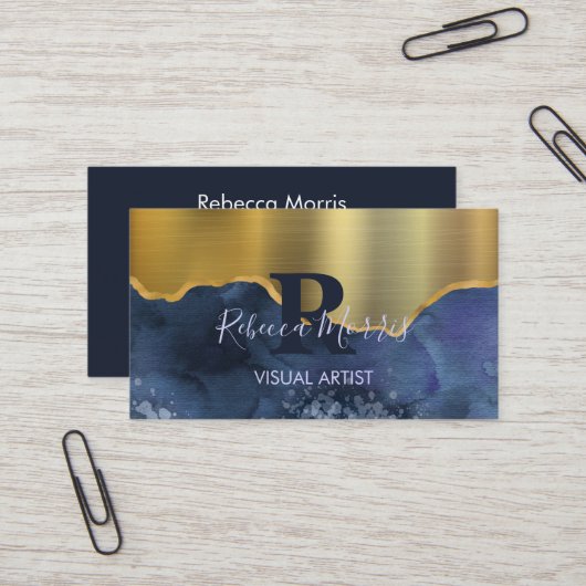 ネイビーアゲートブラシ付き金ゴールドメタル名刺 名刺 (正面/裏面インサイチュ)