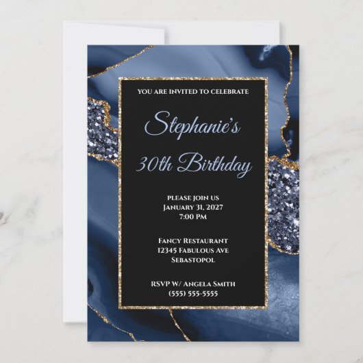 ネイビーアゲート金ゴールドグリッターグラム30歳の誕生日 招待状 (正面)