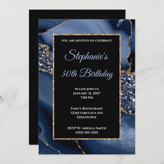 ネイビーアゲート金ゴールドグリッターグラム30歳の誕生日 招待状 (正面/裏面)