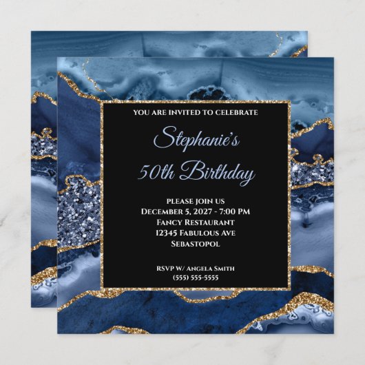 ネイビーアゲート金ゴールドグリッターグラム50誕生日 招待状 (正面/裏面)