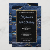 ネイビーアゲート金ゴールドグリッターグラム50誕生日 招待状 (正面/裏面)