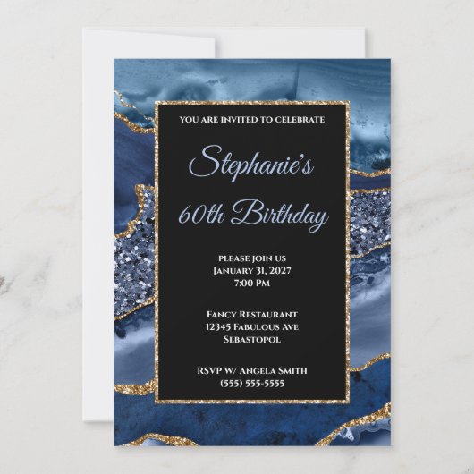 ネイビーアゲート金ゴールドグリッターグラム60誕生日 招待状 (正面)