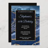 ネイビーアゲート金ゴールドグリッターグラム60誕生日 招待状 (正面/裏面)