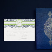 ネイビーアップルグリーングレーラブバードウェディングRSVP 出欠カード