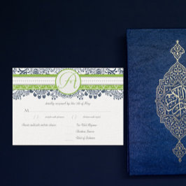 ネイビーアップルグリーングレーラブバードウェディングRSVP 出欠カード