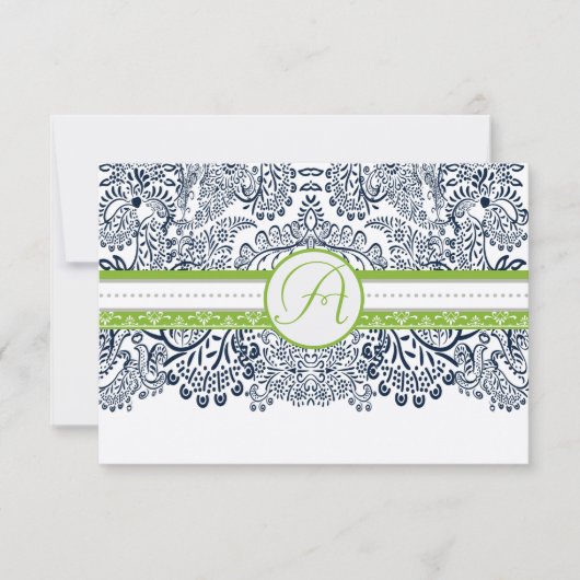 ネイビーアップルグリーングレーラブバードウェディングRSVP 出欠カード (正面)