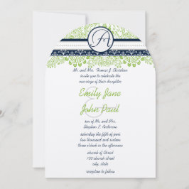 ネイビーアップルグリーングレー結婚ラブバード 招待状