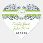 ネイビーアップル緑の灰色の愛の鳥の結婚式の招待 ハートシール (正面)