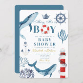 ネイビーアホイ男の子セーラーホエールシーベイビーシャワー 招待状