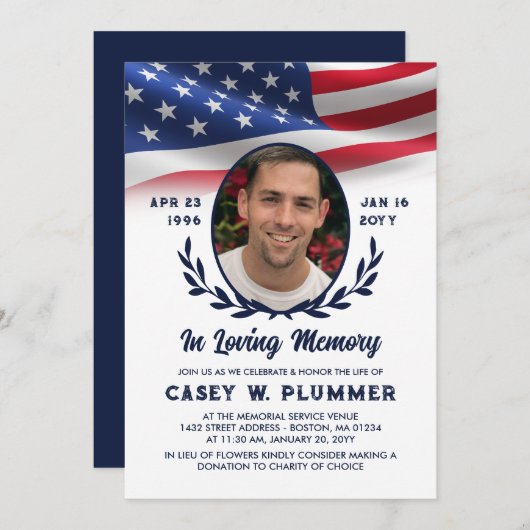 ネイビーアメリカ国旗の楕円形フォトライフお祝い 招待状 (正面/裏面)