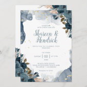 ネイビーアルコールインクフローラルバックウェディング 招待状 (正面/裏面)