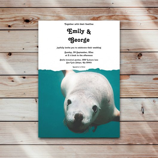 ネイビーアンダーウォーターシーライオンターコイズコースト結婚ーズ 招待状