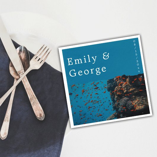 ネイビーアンダーウォーターフィッシュリーフ海ビーチ結婚式 スタンダードカクテルナプキン