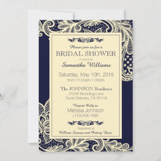 ネイビーアンドクリームレースブライダルシャワー 招待状 (正面)