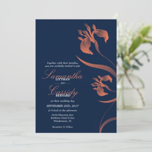 ネイビーアンドコーラルアイリスフローラ結婚式招待状 招待状 (スタンド正面)