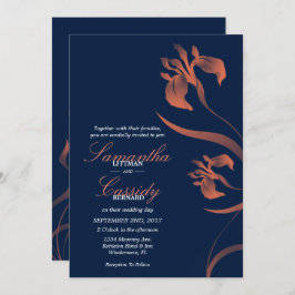 ネイビーアンドコーラルアイリスフローラ結婚式招待状 招待状