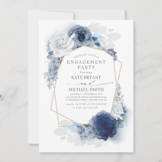 ネイビーアンドダスティーブルーフローラモダン婚約パーティ 招待状 (正面)