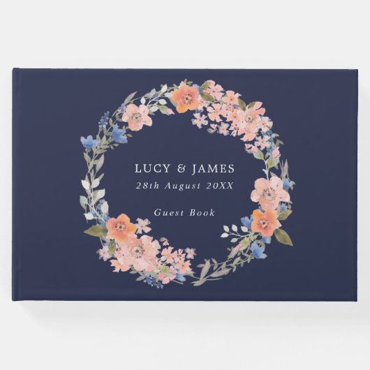 ネイビーアンドピーチフローラリース結婚ズゲストブック ゲストブック (正面)