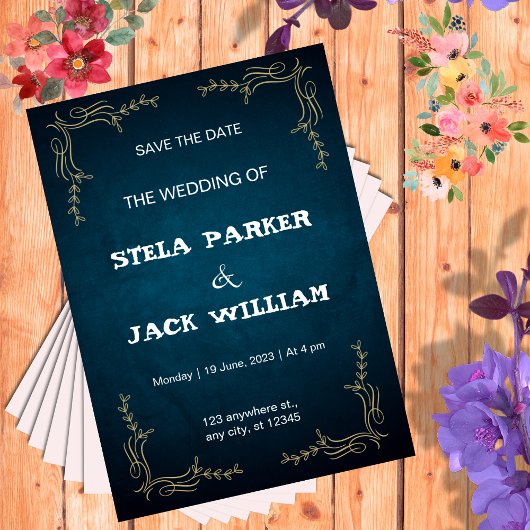 ネイビーアンドホワイトエレガントウェディング招待状ポートレート 招待状