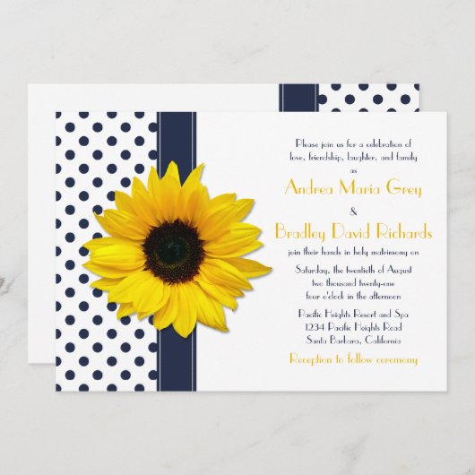 ネイビーアンドホワイト水玉模様結婚式招待状 招待状 (正面/裏面)