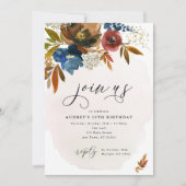 ネイビーアンドラストボホフラワーズ誕生日招待状 招待状 (正面)