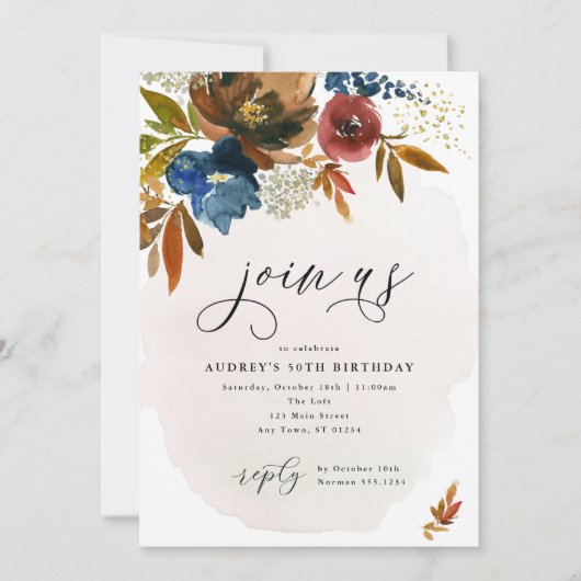 ネイビーアンドラストボホフラワーズ誕生日招待状 招待状 (正面)