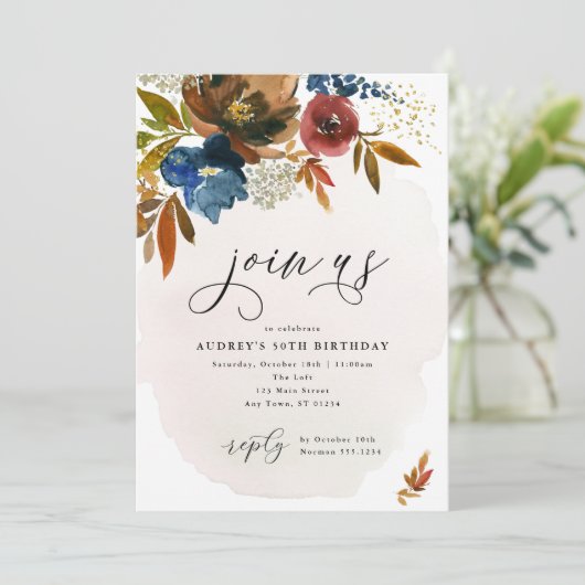 ネイビーアンドラストボホフラワーズ誕生日招待状 招待状 (スタンド正面)