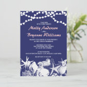 ネイビーアートシーシェルズストリングライトビーチ結婚式 招待状 (スタンド正面)