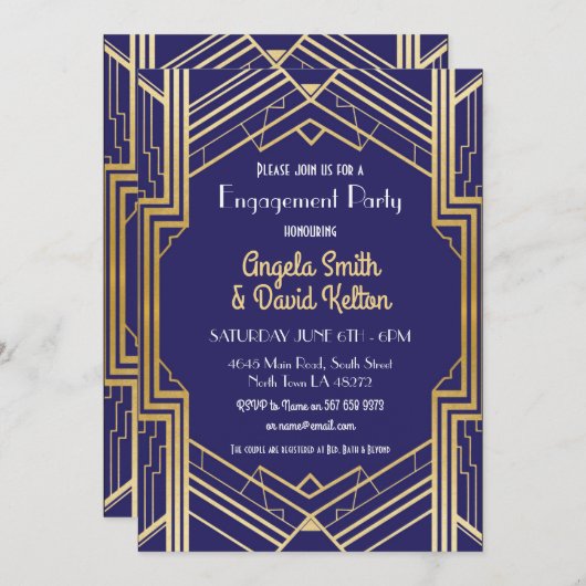 ネイビーアールデコ婚約招待状ギャツビー1920 招待状 (正面/裏面)