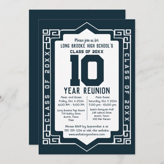 ネイビーアールデコ10年高等学校級懇親会 招待状 (正面/裏面)