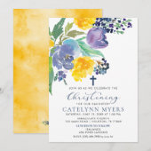 ネイビーイエローとパープルの明るい花の洗礼 招待状 (正面/裏面)