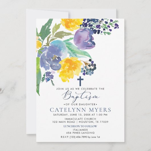 ネイビーイエローとパープルブライトフローラバプテスマ 招待状 (正面)