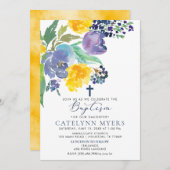 ネイビーイエローとパープルブライトフローラバプテスマ 招待状 (正面/裏面)