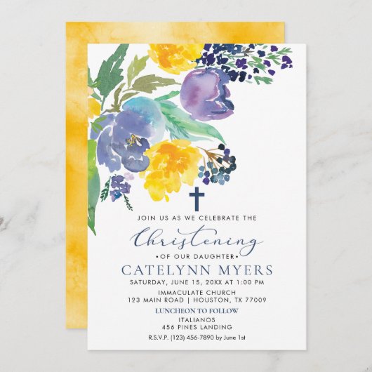 ネイビーイエローとパープルブライトフローラ《キリスト教》洗礼式や命名式 招待状 (正面/裏面)