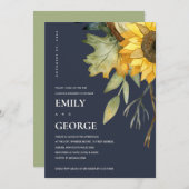 ネイビーイエローサンフラワーフローラカップルのシャワーカード サンキューカード (正面/裏面)