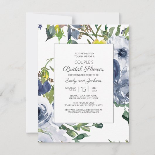 ネイビーイエローホワイトフローラカップルブライダルシャワー 招待状 (正面)