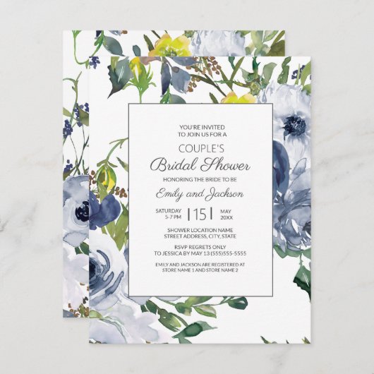 ネイビーイエローホワイトフローラカップルブライダルシャワー 招待状 (正面/裏面)