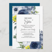 ネイビーイエローホワイトフローラ彼女はYes婚約 招待状 (正面/裏面)