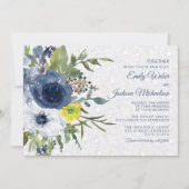 ネイビーイエローホワイトフローラ&レース庭園の結婚式 招待状 (正面)