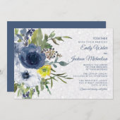 ネイビーイエローホワイトフローラ&レース庭園の結婚式 招待状 (正面/裏面)
