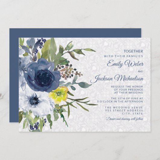 ネイビーイエローホワイトフローラ&レース庭園の結婚式 招待状 (正面/裏面)