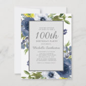 ネイビーイエローホワイト葉フローラ100誕生日 招待状 (正面)