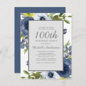 ネイビーイエローホワイト葉フローラ100誕生日 招待状 (正面/裏面)