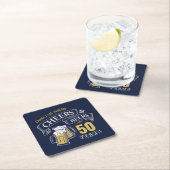 ネイビーイエロー応援とビアーズ任意の年齢誕生日 スクエアペーパーコースター (インサイチュ)