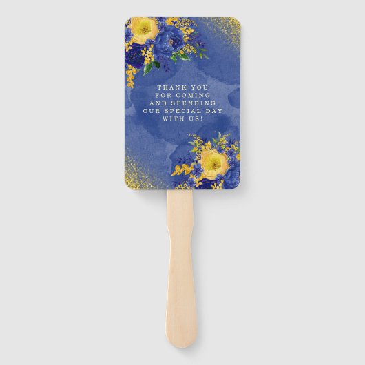 ネイビーイエロー絵を描金ゴールド牡丹結婚の感謝 ハンドファン (裏面)