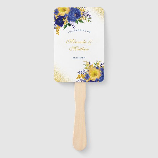 ネイビーイエロー絵を描金ゴールド牡丹結婚の感謝 ハンドファン (正面)