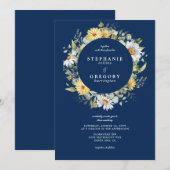 ネイビーイエロー花模様結婚ズ 招待状 (正面/裏面)