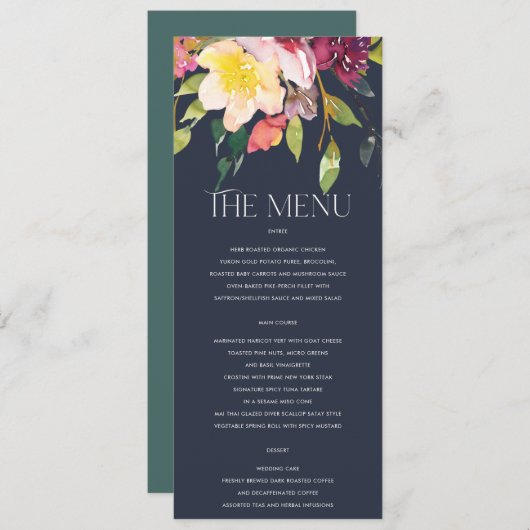 ネイビーイエロー赤面ブルゴーニュフローラバンチ結婚ーズ メニュー (正面/裏面)